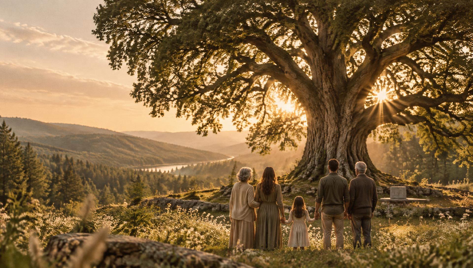 Familia en primer plano contemplando un gran árbol en un parque memorial ecológico
